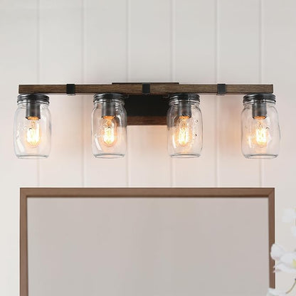 LOG BARN Rustic Bathroom Vanity Light with Mason Jar Glass, Farmhouse 4-Light Sconces Wall Lighting, Faux-Wood Finish, 29 inches