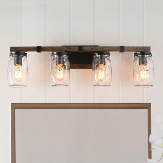 LOG BARN Rustic Bathroom Vanity Light with Mason Jar Glass, Farmhouse 4-Light Sconces Wall Lighting, Faux-Wood Finish, 29 inches