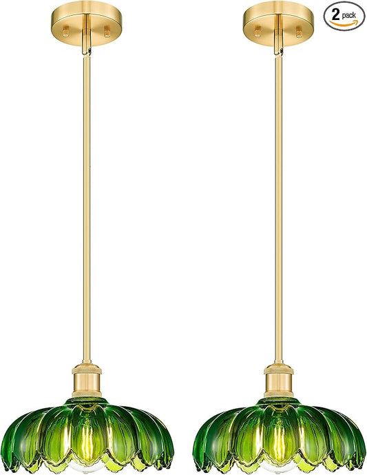 FEMILA 2 Pack Vintage Light Fixtures, Flower Green Glass Pendant Lights Kitchen Island, Brushed Gold Antique Chandelier, Hanging Light Fixture for Bedroom Hotel Living Room, 4FJX82MIL-2PK BG-G