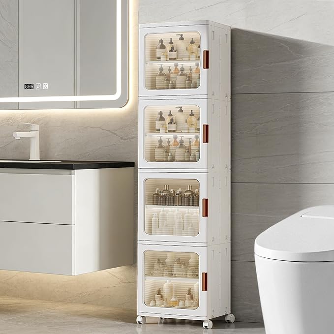 Tall Narrow Storage Cabinet with Transparent Doors and Movable Wheels,Plastic Foldable Storage Box for Small Space, Bathroom, Kitchen(4Tier,White)