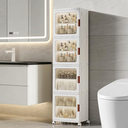 Tall Narrow Storage Cabinet with Transparent Doors and Movable Wheels,Plastic Foldable Storage Box for Small Space, Bathroom, Kitchen(4Tier,White)