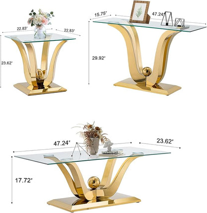Luxury Glass Coffee Table Set of 3 Piece Gold Living Room Table Set of 3 Including Coffee End Sofa Tables Set,Gorgeous Stainless Steel Frame, Clear Glass Top for Living Room Home Office Apartment
