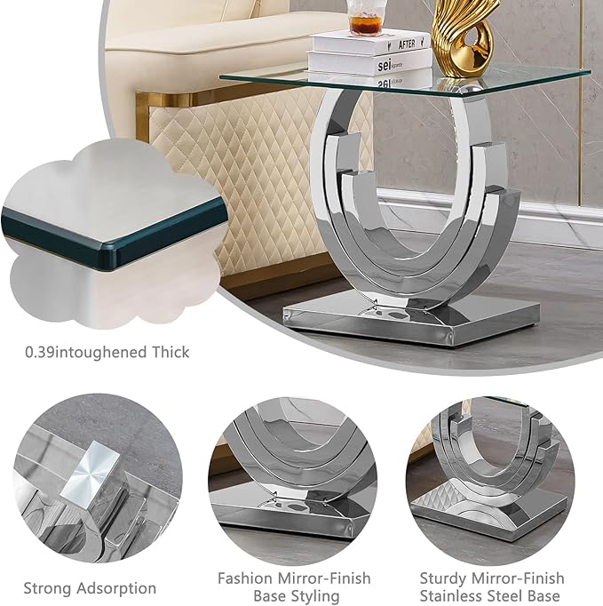 HomVent 22.83" Glass End Table, Living Room Tables, Modern Silver Tempered Glass Top Side Tables Bedroom, Square Small Bed Bedside Eating Table Nightstand for Home Office with Stainless Steel Base