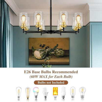 Sucolite 33.5'' 8-Light Chandelier for Dining Room Kitchen Island, Modern Farmhouse Pendant Lighting with Glass Shades Industrial Black Hanging Ceiling Light Fixture for Living Room, Height Adjustable