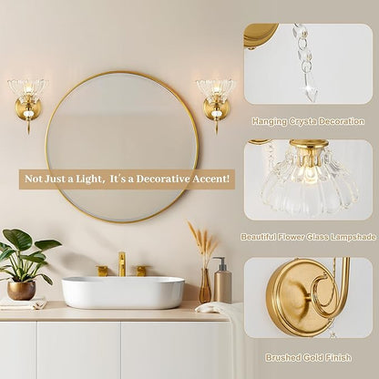 1 Piece Vintage Wall Sconce, 1-Light Brushed Gold Finish Wall Sconce with Hanging Crystal Accents and Flower-Shaped Clear Shades for Bathroom Bedroom Living Room,Vintage Vanity Light