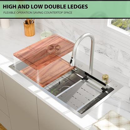 33 Inch Waterfall Kitchen Sink - Beslend 33x19 Drop In Waterfall Sink Workstation Smart Sinks 16 Gauge Stainless Steel Single Bowl Single Dish Basin with Faucet Combo