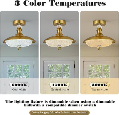Vintage Semi Flush Mount Ceiling Light, Gold 12 Inch K9 Crystal Glass Shade, Brushed Copper Finish, 5-Light Flush Mount Lamp Mid Century Industrial for Bedroom Foyer Hallway Dining Kitchen Entryway