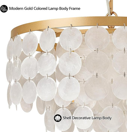 Shell Chandelier, White and Gold Chandelier Light Fixture with 4 Lights Capiz Seashell Pendant for Foyer,Kitchen Island,Entryway,Dining Room (18" Coastal Chandeliers)