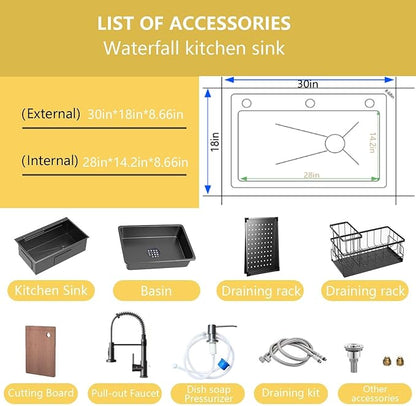 30x18 Black Drop-in Kitchen Sink: Deep Single Bowl Stainless Steel Workstation with Faucet & Accessories Combo for Family Kitchen—Scratch Resistant & Noise Reducing