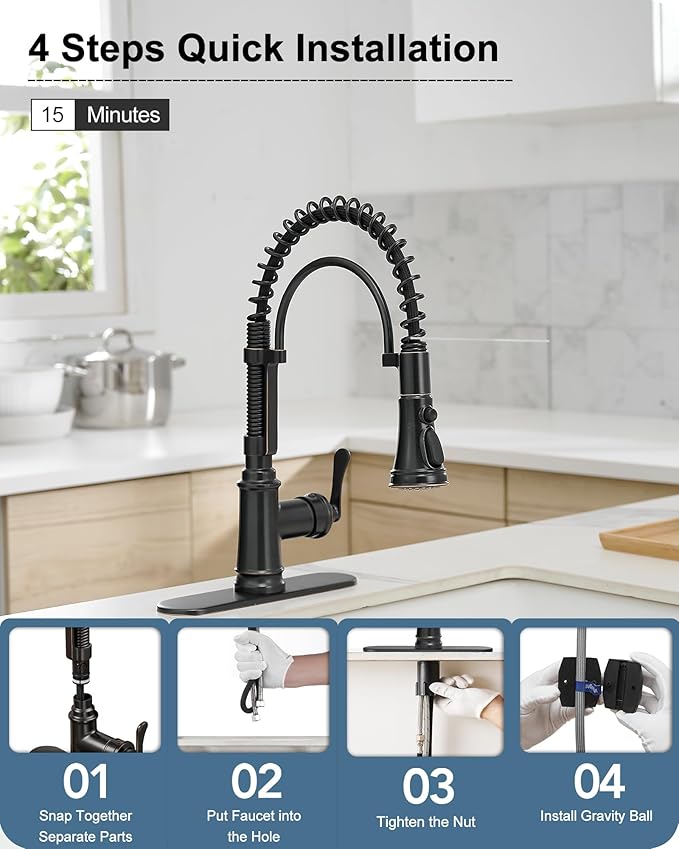 3 Modes Bronze Kitchen Faucet with Pull Down Sprayer, Single Hole Kitchen Sink Faucet 3 Hole, Stainless Steel High Arc Spring Style, 360 Degree Swivel with One Handle & Deck Plate for Farmhouse