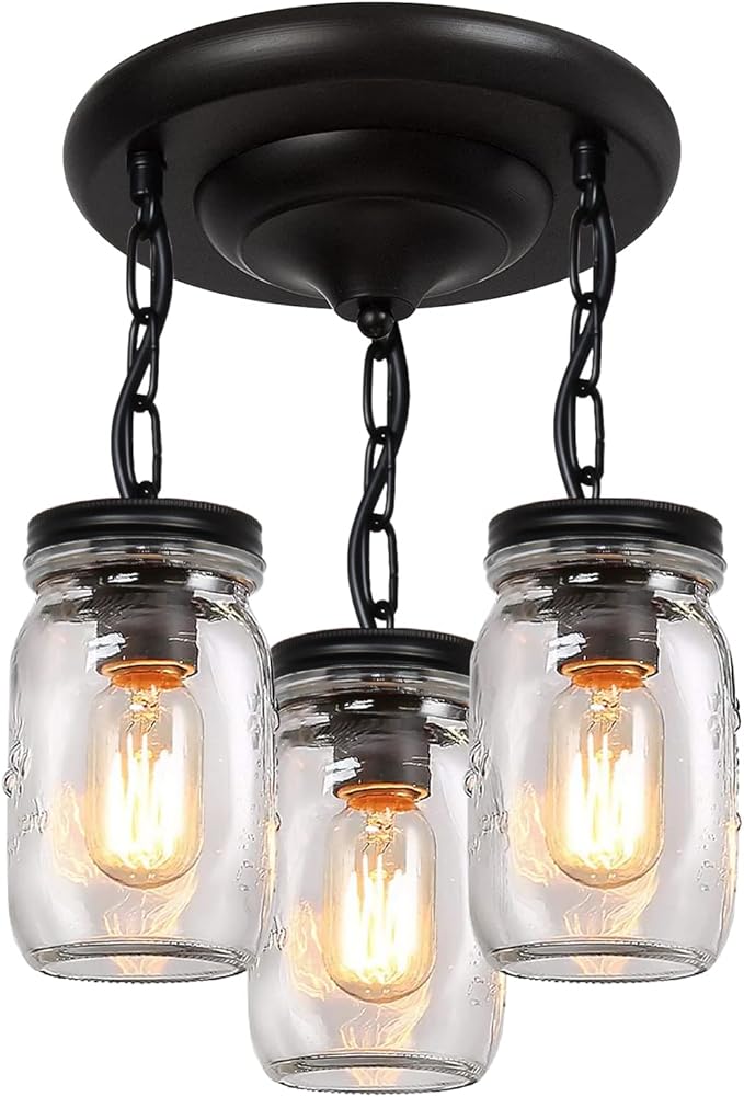 Mason Jar Light Fixtures, 3-Light Glass Mason Jar Pendant Lighting for Kitchen Island Farmhouse Close to Ceiling Kitchen Light Over Sink Barn Dining Room Chandelier Hallway Stairway