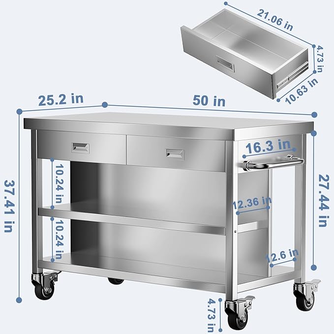 KINGBO 50" Stainless Steel Kitchen Island with Storage, Rolling Kitchen Island Table with 2 Drawers on Wheels, Portable Island Cart for Kitchen, Outdoor, Restaurant, Cafe