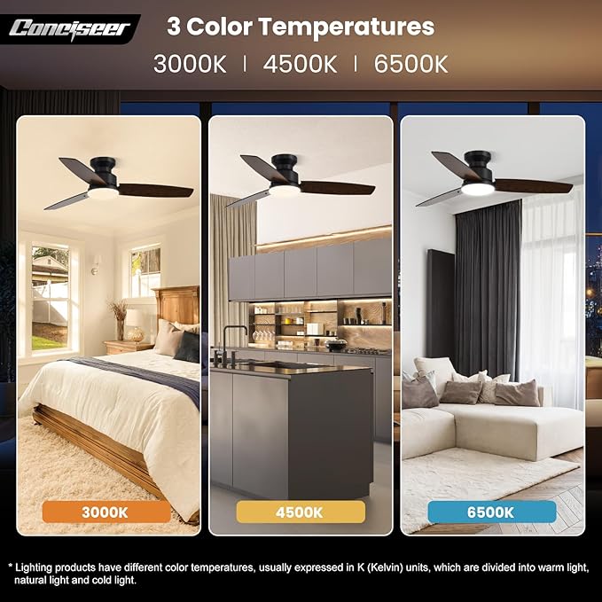Conciseer 42 Inch Ceiling Fans with Lights and Remote, Bedroom Living Room Office, Flush Mount, 3CCT Dimmable, Dual Color 3 Blades, 6 Speed Reversible Quiet DC Motor, Black/Wood Grain, 2 Pack