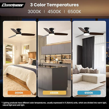 Conciseer 42 Inch Ceiling Fans with Lights and Remote, Bedroom Living Room Office, Flush Mount, 3CCT Dimmable, Dual Color 3 Blades, 6 Speed Reversible Quiet DC Motor, Black/Wood Grain, 2 Pack