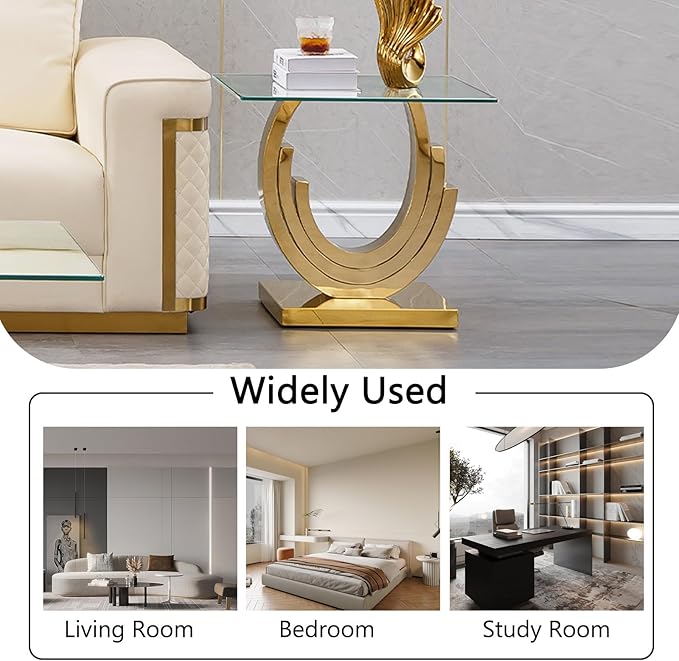 HomVent 22.83" Glass End Table, Living Room Tables, Modern Gold Tempered Glass Top Side Tables Bedroom, Square Small Bed Bedside Eating Table Nightstand for Home Office with Stainless Steel Base