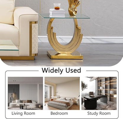 HomVent 22.83" Glass End Table, Living Room Tables, Modern Gold Tempered Glass Top Side Tables Bedroom, Square Small Bed Bedside Eating Table Nightstand for Home Office with Stainless Steel Base