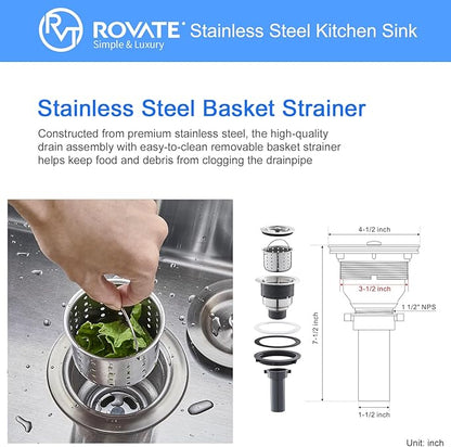 ROVATE 15 x 15 x 8 inch Drop in Bar Sink, Small Top-mount Kitchen Sink Single Bowl, Overmount Handmade 304 Stainless Steel Bar Sinks with Basket Strainer