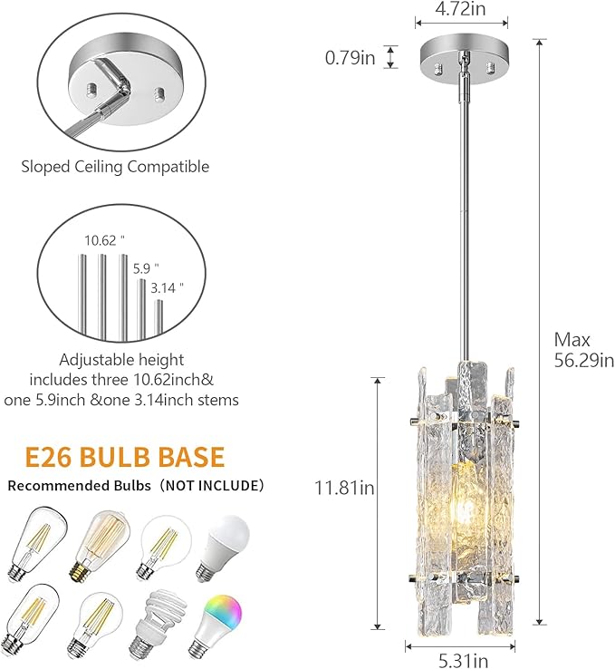 Modern Crystal Pendant Lighting Chrome Pendant Lights Mini Glass Chandeliers, Adjustable Pendant Light Fixture for Kitchen Island Bedroom Living Room Dining Room Corridor(3Pack)