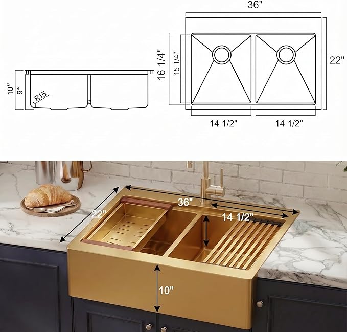 LQS Double Bowl Kitchen Sink, Undermount/Drop In Kitchen Sink, Double Bowl Stainless Steel Kitchen Sinks, 16 Gauge Stainless Steel Handmade Sinks (Gold, 36" x 22" x 10")