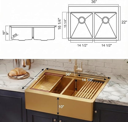 LQS Double Bowl Kitchen Sink, Undermount/Drop In Kitchen Sink, Double Bowl Stainless Steel Kitchen Sinks, 16 Gauge Stainless Steel Handmade Sinks (Gold, 36" x 22" x 10")