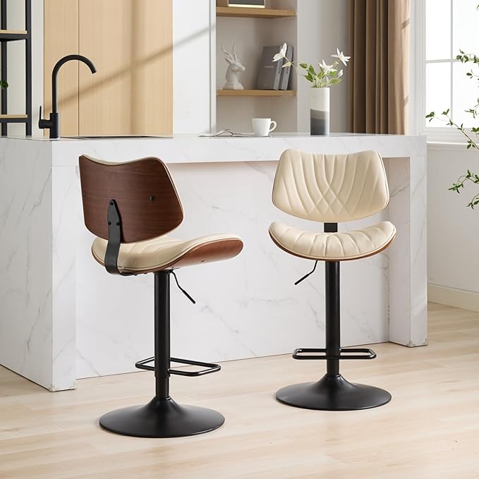 Modern Mid Century Adjustable Counter Height Leather Upholstered 360°Swivel Bar Chairs for Kitchen Island/Dining Room/Cafe, 1 Chair