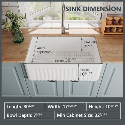 DeerValley Farmhouse Sink 30"x18" 10 inch Deep White Kitchen Sinks Fireclay Single Bowl Apron Front Lavabos de Cocina with Accessories