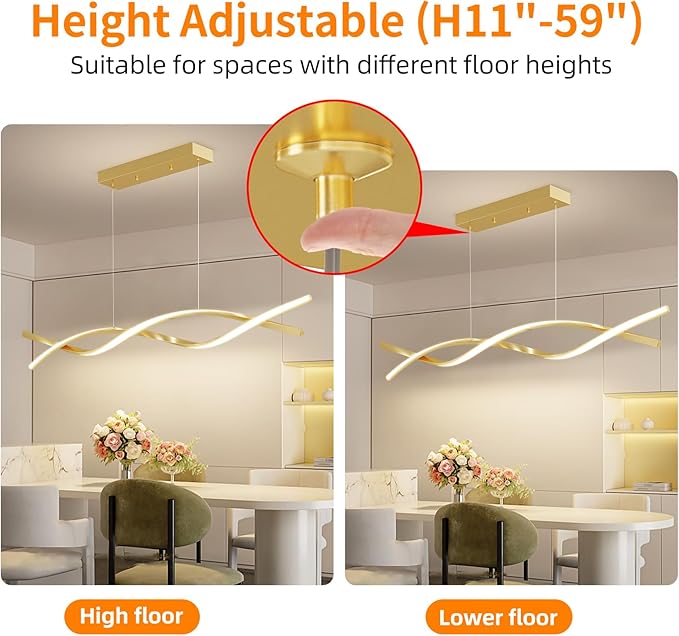 Modern LED Ceiling Pendant Light, 39IN Gold Modern Chandelier with Remote Control 3000k-6500K Adjustable Color Temperature, Aluminum Island Lighting Lamp for Dining Room, Living Room, Island