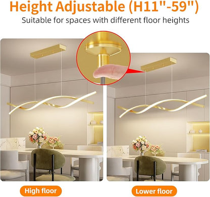 Modern Gold Ceiling Pendant Light, 57IN Chandelier with Remote Control 3000k-6500K Adjustable Color Temperature,Aluminum Island Lighting Lamp for Dining Room, Living Room, Island