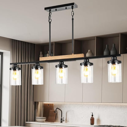5-Light Kitchen Island Lighting, Farmhouse Dining Room Chandelier over Table, Modern Pendant Light Fixture with Adjustable Height, Large Black Ceiling Light for Dining Table Sloped Ceiling Compatible