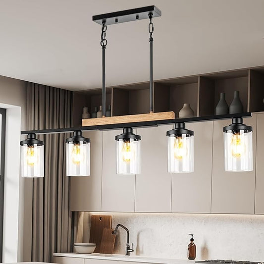 5-Light Kitchen Island Lighting, Farmhouse Dining Room Chandelier over Table, Modern Pendant Light Fixture with Adjustable Height, Large Black Ceiling Light for Dining Table Sloped Ceiling Compatible