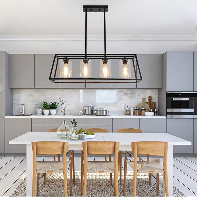 Black Farmhouse Chandeliers for Dining Room, Rustic Kitchen Island Light Fixture, 4-Lighting Linear Pendant Lamp Kitchen Island with Glass Shade ，Apply to Dining Room Light fixtures Over Table