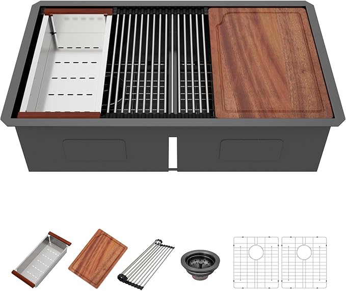 33 Black Undermount Kitchen Sink - 33x19 Gunmetal Black Double Bowl Kitchen Sinks Workstation 16 Gauge Stainless Steel Sink Low Divide Double Basin 50/50