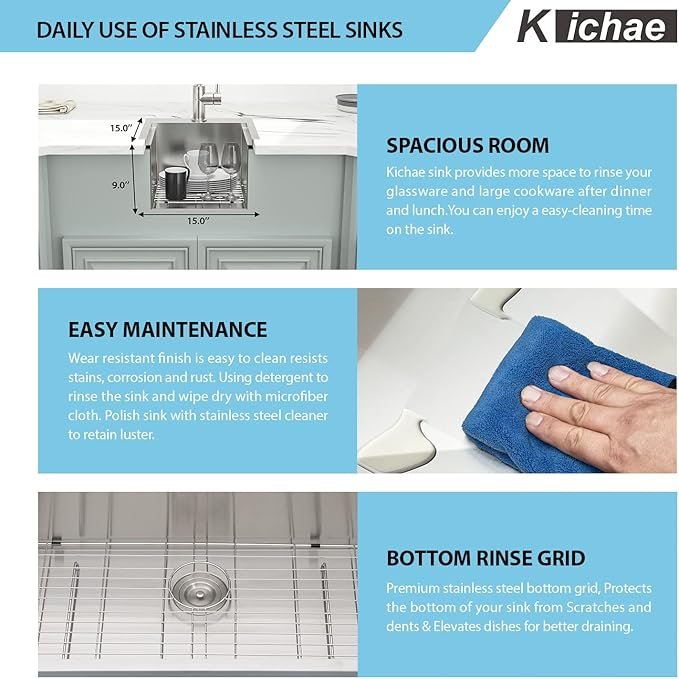 Kichae Drop In Bar Sink- 15 x 15 Small RV Sink Topmount 16 Gauge Stainless Steel Single Bowl Ledge Workstation Wet Bar Prep Kitchen Sinks Patio Handmade Basin with Cutting Board & Rack