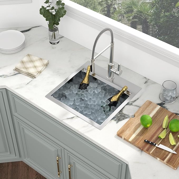 Kichae Drop In Bar Sink- 18 x 18 x 9 Inch Small Overmount Topmount Stainless Steel RV Sink Single Bowl Workstation Wet Bar Prep Kitchen Sinks Patio Handmade Basin with Cutting Board & Rack