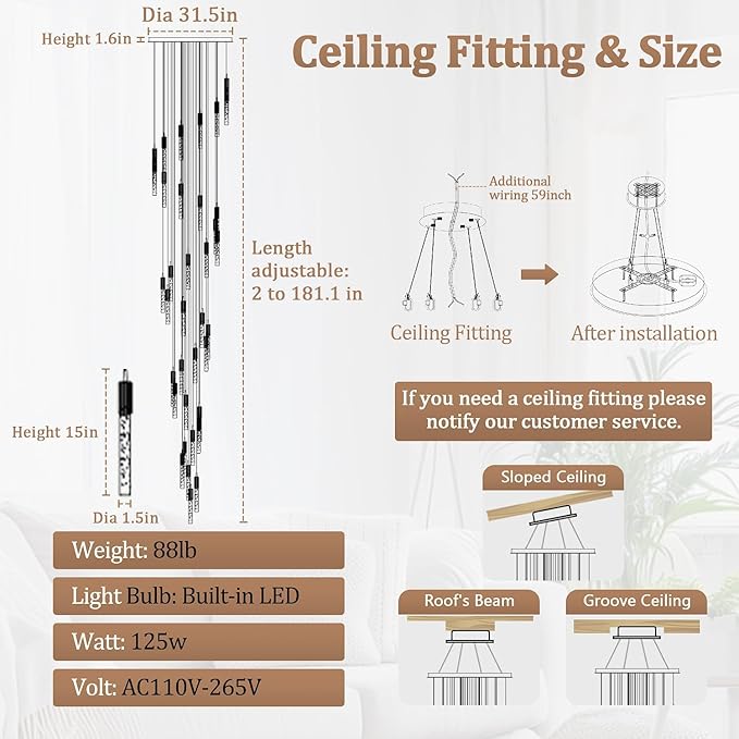 Flashing God 181'' Large Chandeliers for High Ceiling 36-Lights Raindrop Crystal Chandelier Modern Bubble Chandelier Crystal Pendant Light for Living Room Staircaes Foyer Entrance Silver