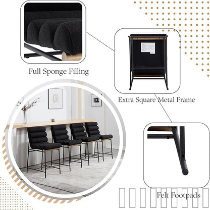 Black Linen Bar stools Set of 6, 25” Modern Upholstered Counter Stools with Black Metal Legs, Armless Counter Height Barstools with Channel Tufted Back for Kitchen Island Home Pub