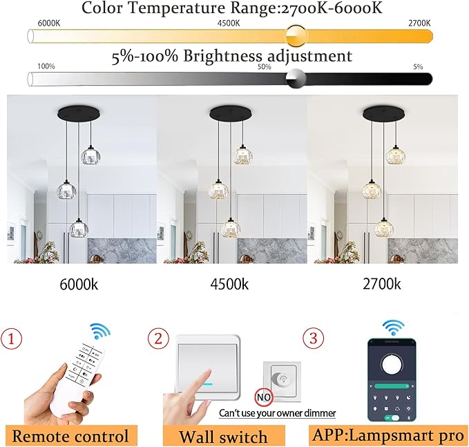 3-Light Crystal Pendant Light Black LED Crystals Ball Chandeleir Enhance Kitchen Island, Bathroom, Bedroom, and Bar
