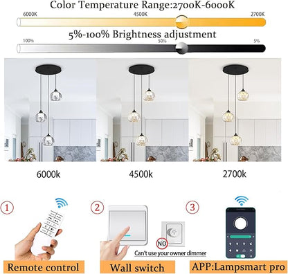 3-Light Crystal Pendant Light Black LED Crystals Ball Chandeleir Enhance Kitchen Island, Bathroom, Bedroom, and Bar