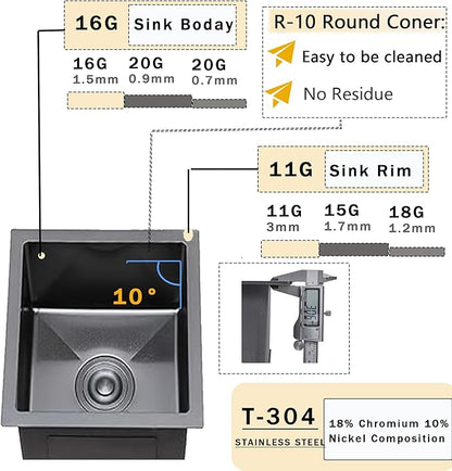VCCUCINE Gunmetal Black Undermount Bar Sink, 15x17 Inch RV Small Single Bowl Kitchen Sink, Outdoor Stainless Steel Wet Bar Prep Sink with Drain