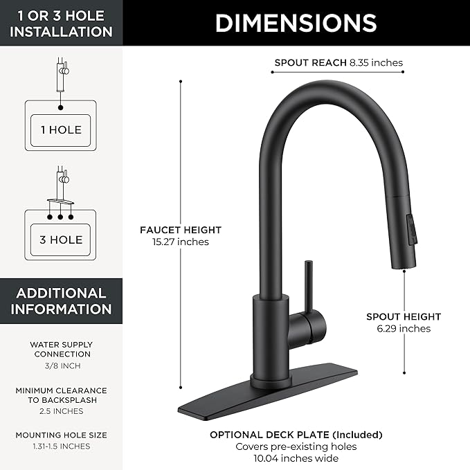 FORIOUS Black Kitchen Faucet with Pull Down Sprayer, Classic Single Hole Kitchen Sink Faucet with Deck Plate, Single Handle, High Arc Stainless Steel, Fit for RV Bar Farmhouse Laundry Outdoor