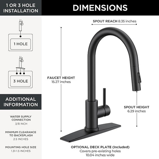 FORIOUS Black Kitchen Faucet with Pull Down Sprayer, Classic Single Hole Kitchen Sink Faucet with Deck Plate, Single Handle, High Arc Stainless Steel, Fit for RV Bar Farmhouse Laundry Outdoor