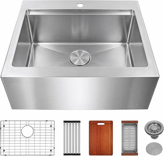 Rhbamoa 28 Inch Stainless Steel Farmhouse Sink,16-Gauge T304 Stainless Steel Small Farmhouse Sinks,10 Inch Deep Single Bowl Apron Front Farm Sink with All Accessories
