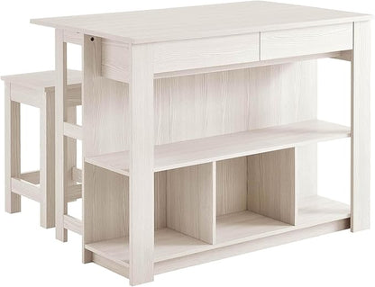3-Piece Kitchen Island and Stool Set White Modern Contemporary Rectangular Wood Matte