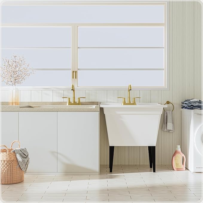 Phiestina Gold Utility Sink Faucet 3 Hole, Laundry Sink Faucet with Pull Out Sprayer, Long Spout Dual Handle Modern Bathroom Faucet, 4 Inch CenterSet Laundry & Utility Room Sink Faucets, LF36CL-2M-BG