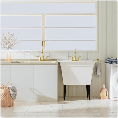 Phiestina Gold Utility Sink Faucet 3 Hole, Laundry Sink Faucet with Pull Out Sprayer, Long Spout Dual Handle Modern Bathroom Faucet, 4 Inch CenterSet Laundry & Utility Room Sink Faucets, LF36CL-2M-BG