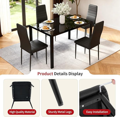 FDW | Dining Chairs Set of 4 | Black | Kitchen Chairs 4 Upholstered Chairs and Faux Leather Cushions | Space-Saving and Modern Design | for Dining Room, Easy to Assemble