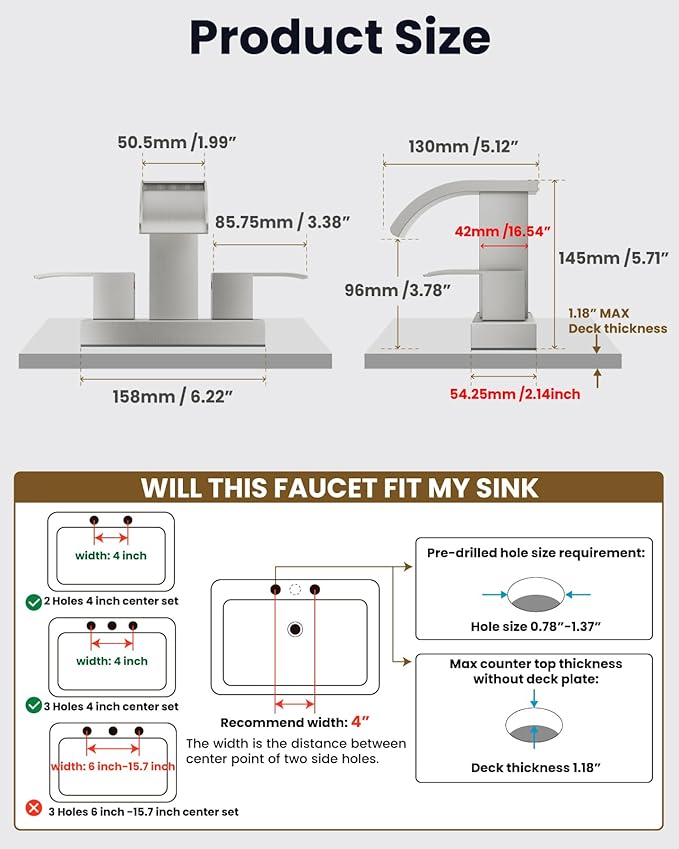 gotonovo Waterfall 4 Inch Centerset Bathroom Sink Faucet 2 Handle Basin Faucets 2 or 3 Hole Deck Mount with Pop Up Drain Included Lavatory Modern Mixer Tap Vanity Faucet Brushed Nickel