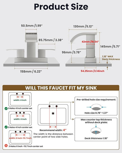 gotonovo Waterfall 4 Inch Centerset Bathroom Sink Faucet 2 Handle Basin Faucets 2 or 3 Hole Deck Mount with Pop Up Drain Included Lavatory Modern Mixer Tap Vanity Faucet Brushed Nickel
