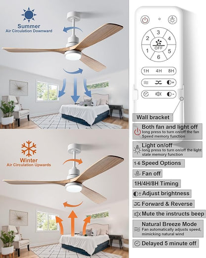 60 Inch Ceiling Fans with Lights and Remote, Quiet Reversible DC Motor and 3 Color Dimmable LED Light, 6 Speeds Wood Ceiling Fan for Farmhouse Living Room Bedroom Dining Room Workroom Study