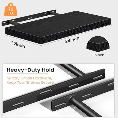 Black Floating Shelves for Wall, 24 Inch Floating Shelves Set of 2, Wall Mounted Rustic Wood Shelf for Bathroom, Living Room, Bedroom and Kitchen, Hanging Shelf for Storage, Books, Home Decor